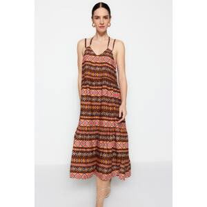 Trendyol Brown Ethnic Patterned Shift/Straight Fit Back Detail Midi Woven Dress