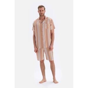Dagi Brown Striped Shirt Collar Shorts Woven Pajama Set