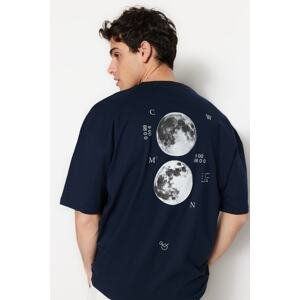 Trendyol Navy Men's Oversize/Wide-Fit Short Sleeve Space Printed Label Detail 100% Cotton T-Shirt