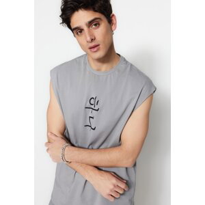 Trendyol Gray Men's Oversize/Wide Cut Far East Text Printed 100% Cotton Sleeveless T-Shirt/Tank Top