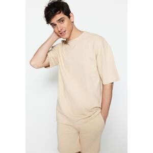 Trendyol Limited Edition Beige Men's Oversize 100% Cotton Labeled Textured Basic Thick T-Shirt