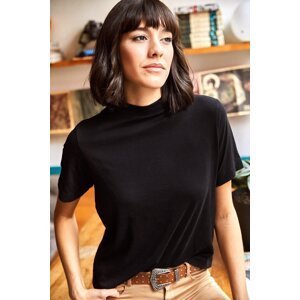 Olalook Women's Black Half Turtleneck Soft Textured Knitted T-Shirt