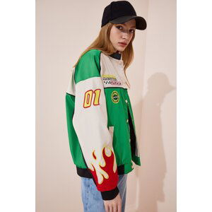 Happiness İstanbul Women's Green Racing Patched College Bomber Coat