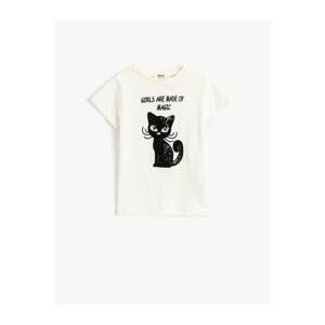 Koton T-shirt with Short Sleeves, Crew Neck Cat Sequins Embroidered.