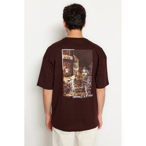 Trendyol Brown Men's Oversize/Wide Cut Short Sleeve Back Printed 100% Cotton T-Shirt