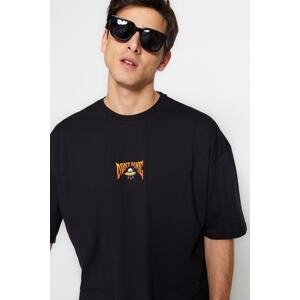 Trendyol Men's Black Oversize/Wide-Fit Short Sleeve Space Printed 100% Cotton T-Shirt