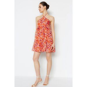 Trendyol Orange Floral Shift/Straight Ruffle Mini Lined Woven Dress