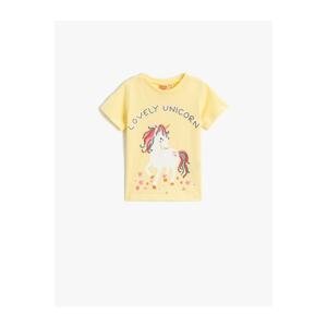 Koton Unicorn Printed Short Sleeve T-Shirt Crew Neck Glitter