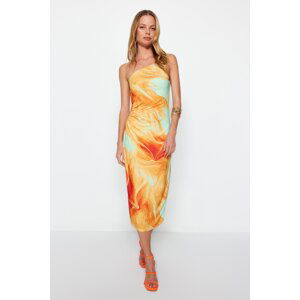 Trendyol Limited Edition Orange Printed Fitted Midi One-Shoulder Flexible Knit Dress
