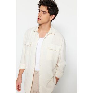 Trendyol Ecru Men's Oversize Fit Linen-Textured Shirt