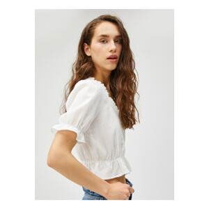 Koton Crop Blouse Balloon Sleeve V-Neck Ruffle Buttoned Cotton