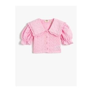 Koton Girls' Shirt Crop Wide Baby Collar Short Balloon Sleeve Cotton