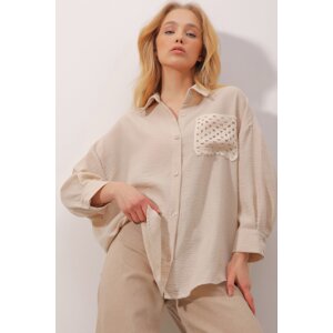 Trend Alaçatı Stili Women's Beige Crochet Pocket Textured Linen Shirt