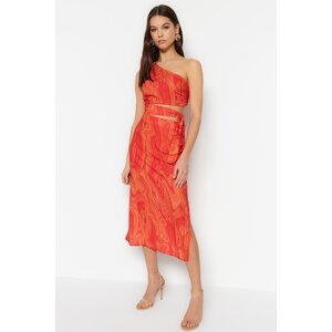 Trendyol Red Fitted/Sleeved Waist Detail Midi Woven Dress