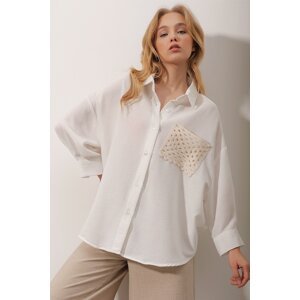 Trend Alaçatı Stili Women's White Crochet Shirt with Pocket, Textured Linen