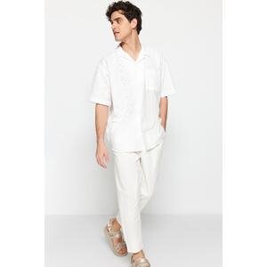 Trendyol Limited Edition White Men's Oversize Brode Blocked Summer Shirt