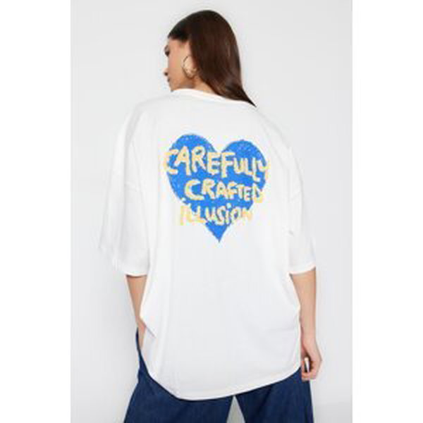 Trendyol White 100% Cotton Front and Back Embossed Printed Oversize/Wide Pattern Knitted T-Shirt