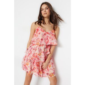 Trendyol Pink Flounced Floral Skater/Belt Opening Mini Lined Woven Dress