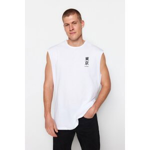 Trendyol Men's White Oversize/Wide-Fit Oriental Text Printed 100% Cotton Sleeveless T-Shirt/Athlete