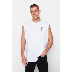 Trendyol Men's White Oversize/Wide-Fit Text Printed 100% Cotton Sleeveless T-Shirt/Athlete