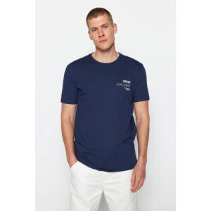 Trendyol Navy Blue Men's Regular/Normal Cut Text Printed Crew Neck 100% Cotton T-Shirt