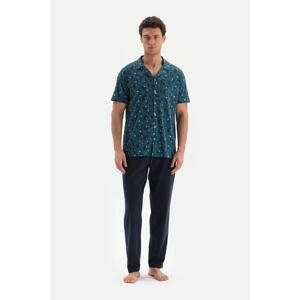 Dagi Oil Green Shirt Collar Patterned Top Knitted Pajamas Set