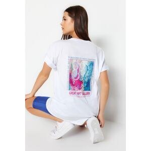 Trendyol White Front and Back Printed Boyfriend/Wide Fit Knitted T-Shirt