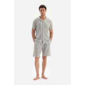 Dagi Beige Shirt Collar Striped Knitted Shorts Pajama Set