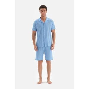 Dagi Blue Shirt Collar Metering Printed Shorts Pajama Set