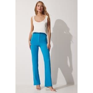 Happiness İstanbul Women's Blue High Waist Lycra Casual Knitted Trousers