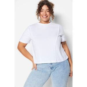 Trendyol Curve White Crew Neck Stitching Detailed Knitted Crop T-Shirt