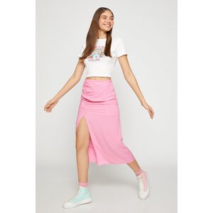 Koton High Waist Midi Skirt with Smocking and Slit Detail.