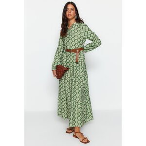 Trendyol Green Belt Skirt Flounce Floral Pattern Lined Woven Dress