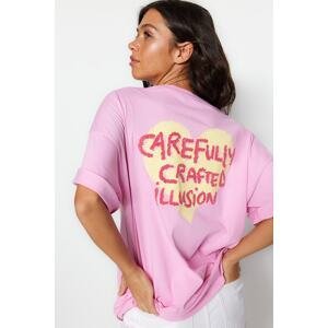 Trendyol Pink 100% Cotton Front and Back Embossed Printed Oversize/Wide Pattern Knitted T-Shirt