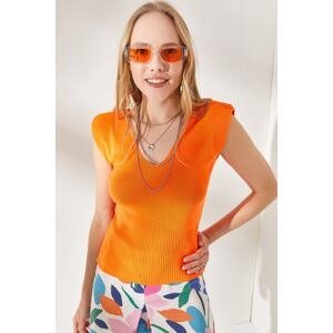 Olalook Women's Orange Shoulder And Skirt Detailed Front Back V Knitwear Blouse