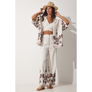 Happiness İstanbul Women's Beige Patterned Kimono Wide Trousers Suit