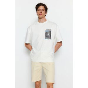 Trendyol Ecru Men's Relaxed/Comfortable Cut Basketball Printed 100% Cotton T-Shirt