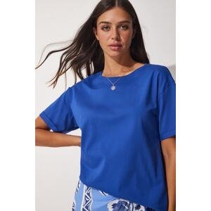Happiness İstanbul Women's Blue Crew Neck Cotton Wide Knitted T-Shirt