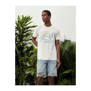 Koton Geometric Printed T-Shirt Slogan Detailed Crew Neck Cotton