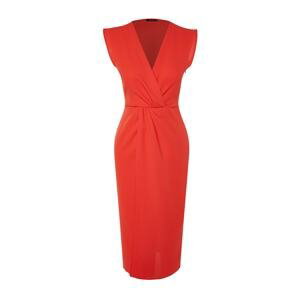 Trendyol Red Gathered Detailed Double Breasted Neck Midi Woven Dress