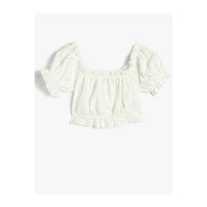 Koton Crop Blouse U-Neck Ruffle Scalloped Balloon Short Sleeves