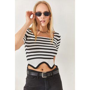 Olalook White Striped Asymmetric Crop Knitwear Blouse