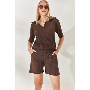 Olalook Bitter Brown Polo Neck Top Pocket Shorts Ribbed Suit