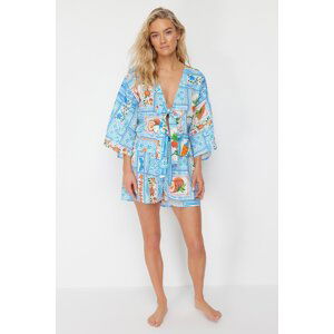 Trendyol Blue Tropical Patterned Woven 100% Cotton Shirt Shorts Set