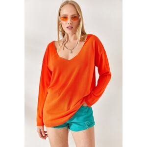 Olalook Orange V Neck Loose Knitwear Blouse