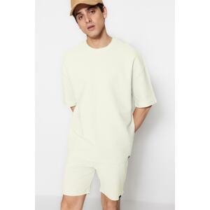 Trendyol Limited Edition Ecru Oversize 100% Cotton Labeled Textured Basic Thick T-Shirt