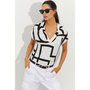 Cool & Sexy Women's White Patterned V-Neck Blouse