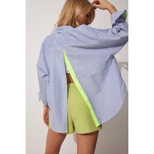 Happiness İstanbul Women's Blue Green Striped Oversized Shirt With Stripes And Buttons