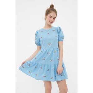 Trendyol Blue Straight Cut Lined Flower Embroidery Mini Woven Dress
