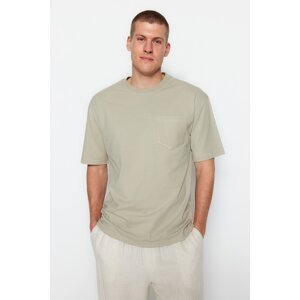Trendyol Stone Men's Relaxed/Comfortable Cut Short Sleeve Textured Pocket 100% Cotton T-Shirt